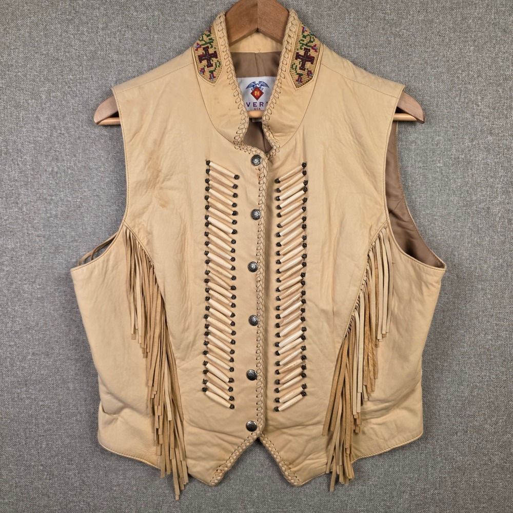 Maverick USA Tan Leather Fringe Vest Beaded Western Concho Bone Detail Size 14